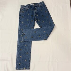 PacSun Blue Wide Leg Jeans with Yellow Embroidery